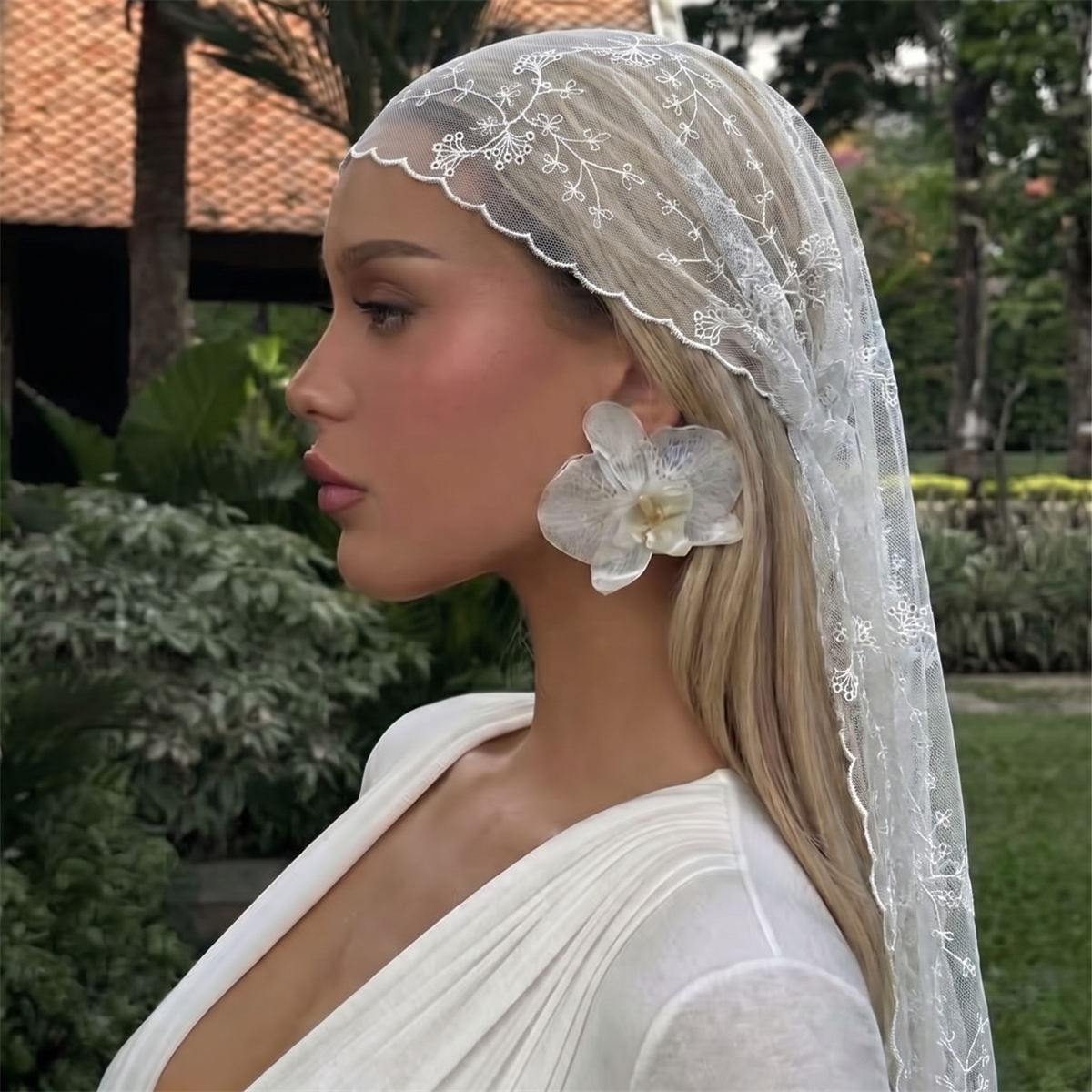 Head Wrap Turban - Biała Koronkowa Siatkowa Chusta na Głowę